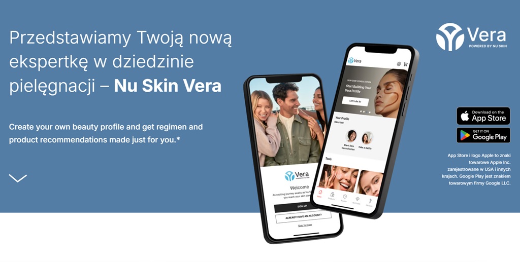 Nu Skin Vera i LumiSpa iO – idealny duet pielęgnacyjny
Fragment strony nuskin.com dla aplikacji Vera z przyciskami kierującymi do App Store lub Google Play.
