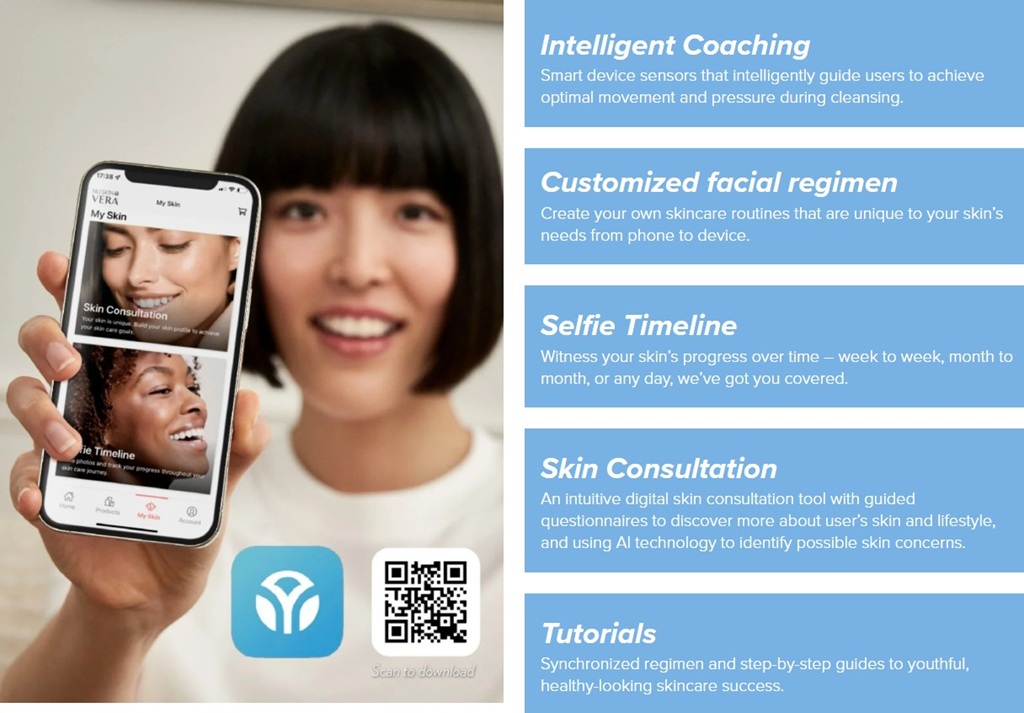 ageLOC LumiSpa iO
Aplikacja Vera na smartfonie - to konsultacje skóry, personalizowany dobór produktów w zależności od typu cery, oś czasu pokazujaca zmiany na twarzy czyli selfie timeline.
